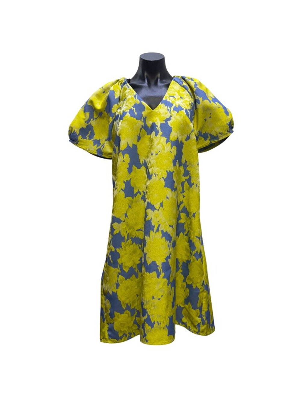 Abbey Glass Floral Dress Blue/Yellow V-Neck Puff Sleeve M
